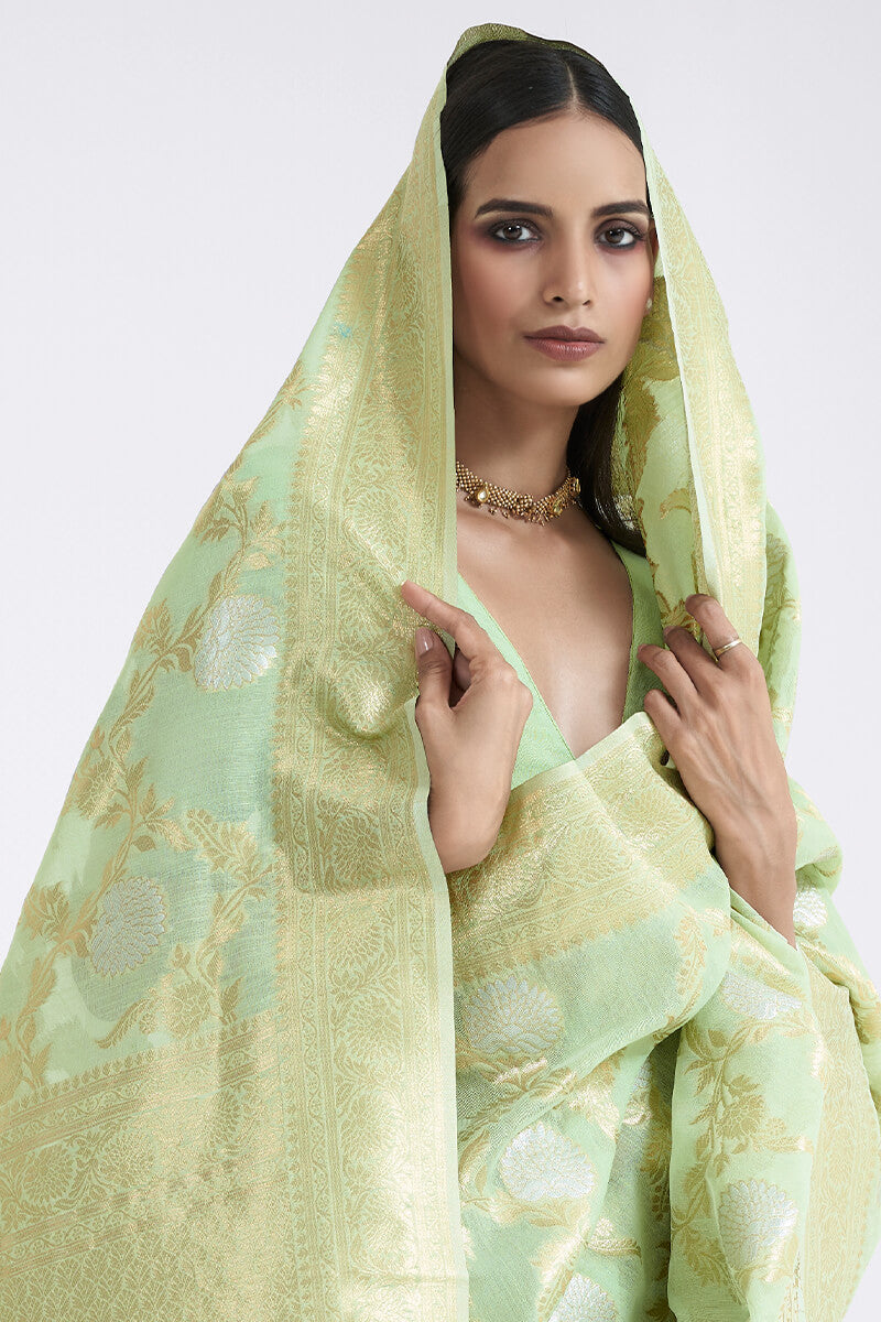 Desultory Pista Cotton Silk Saree With Murmurous Blouse Piece