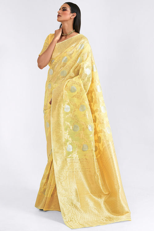 Load image into Gallery viewer, Glittering Yellow Cotton Silk Saree With Snappy Blouse Piece
