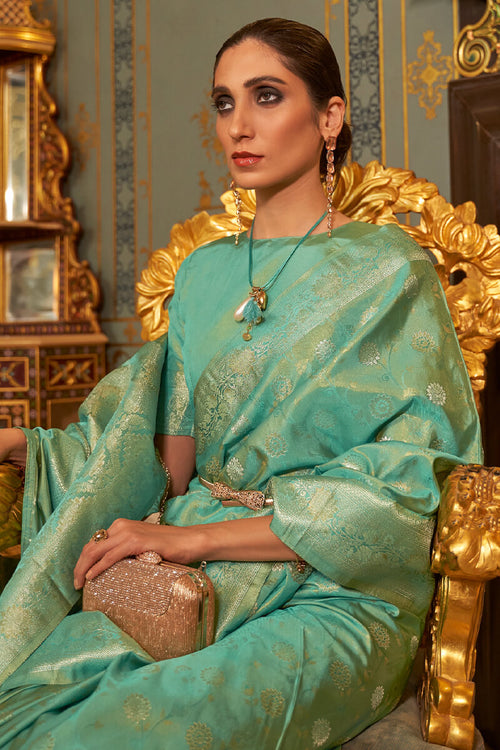 Load image into Gallery viewer, Classy Sea Green Soft Banarasi Silk Saree With Alluring Blouse Piece
