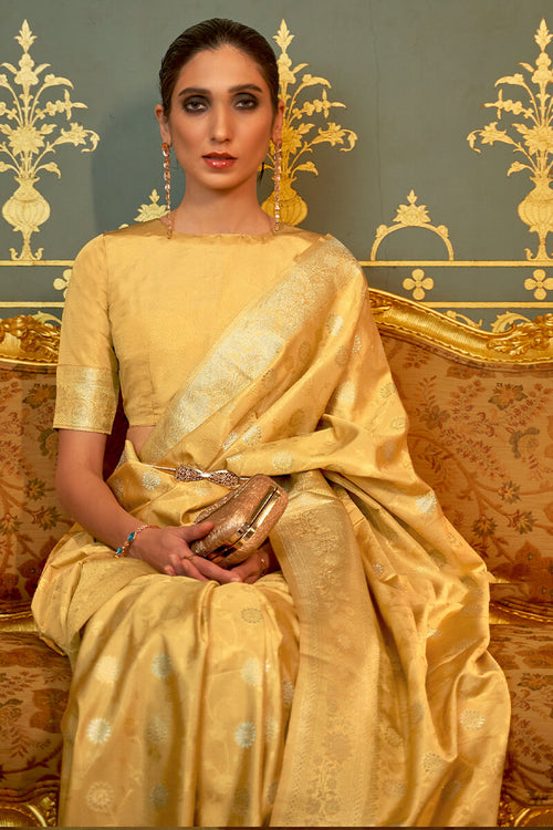 Load image into Gallery viewer, Adorning Yellow Soft Banarasi Silk Saree With Charming Blouse Piece
