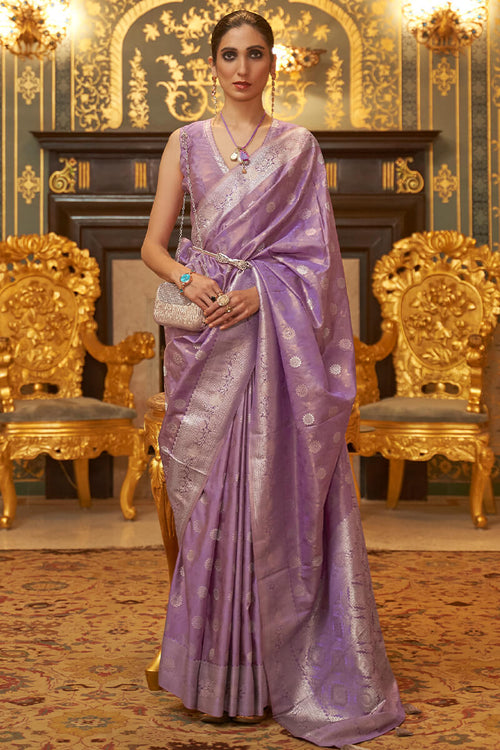 Load image into Gallery viewer, Beautiful Lavender Soft Banarasi Silk Saree With Blooming Blouse Piece
