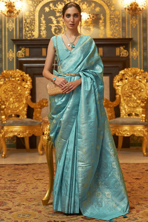 Load image into Gallery viewer, Stunner Firozi Soft Banarasi Silk Saree With Exquisite Blouse Piece
