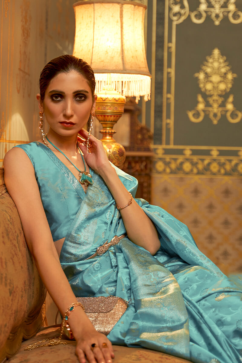 Stunner Firozi Soft Banarasi Silk Saree With Exquisite Blouse Piece