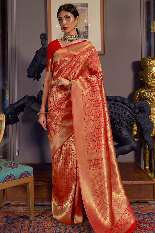 Load image into Gallery viewer, Extraordinary Red Kanjivaram Silk Saree With Surpassing Blouse Piece
