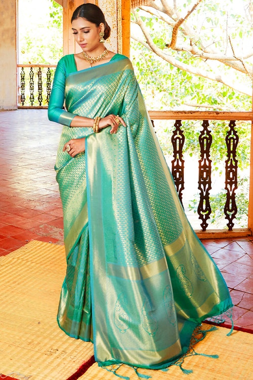 Load image into Gallery viewer, Gratifying Rama Kanjivaram Silk Saree With Beautiful Blouse Piece
