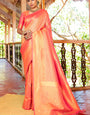 Impressive Peach Kanjivaram Silk Saree With Groovy Blouse Piece