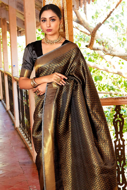 Load image into Gallery viewer, Blissful Black Kanjivaram Silk Saree With Adoring Blouse Piece
