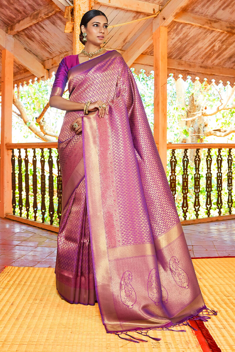 Delightful Purple Kanjivaram Silk Saree With Ideal Blouse Piece