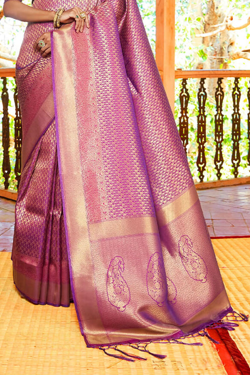 Load image into Gallery viewer, Delightful Purple Kanjivaram Silk Saree With Ideal Blouse Piece
