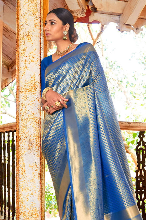 Load image into Gallery viewer, Bucolic Blue Kanjivaram Silk Saree With Dissemble Blouse Piece
