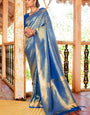 Bucolic Blue Kanjivaram Silk Saree With Dissemble Blouse Piece