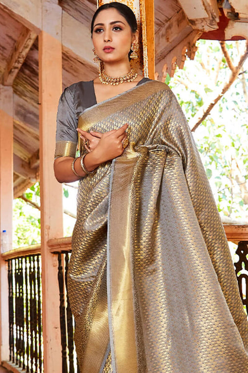 Load image into Gallery viewer, Snazzy Grey Kanjivaram Silk Saree With Exuberant Blouse Piece
