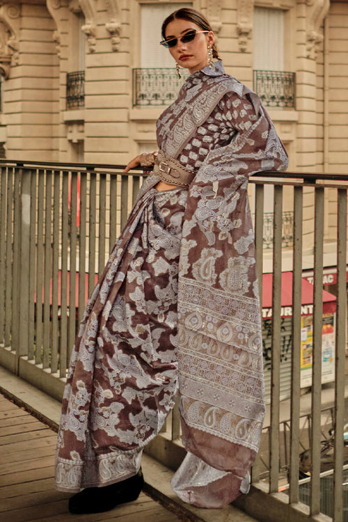 Load image into Gallery viewer, Phenomenal Brown Lucknowi Silk Saree and Charming Blouse Piece
