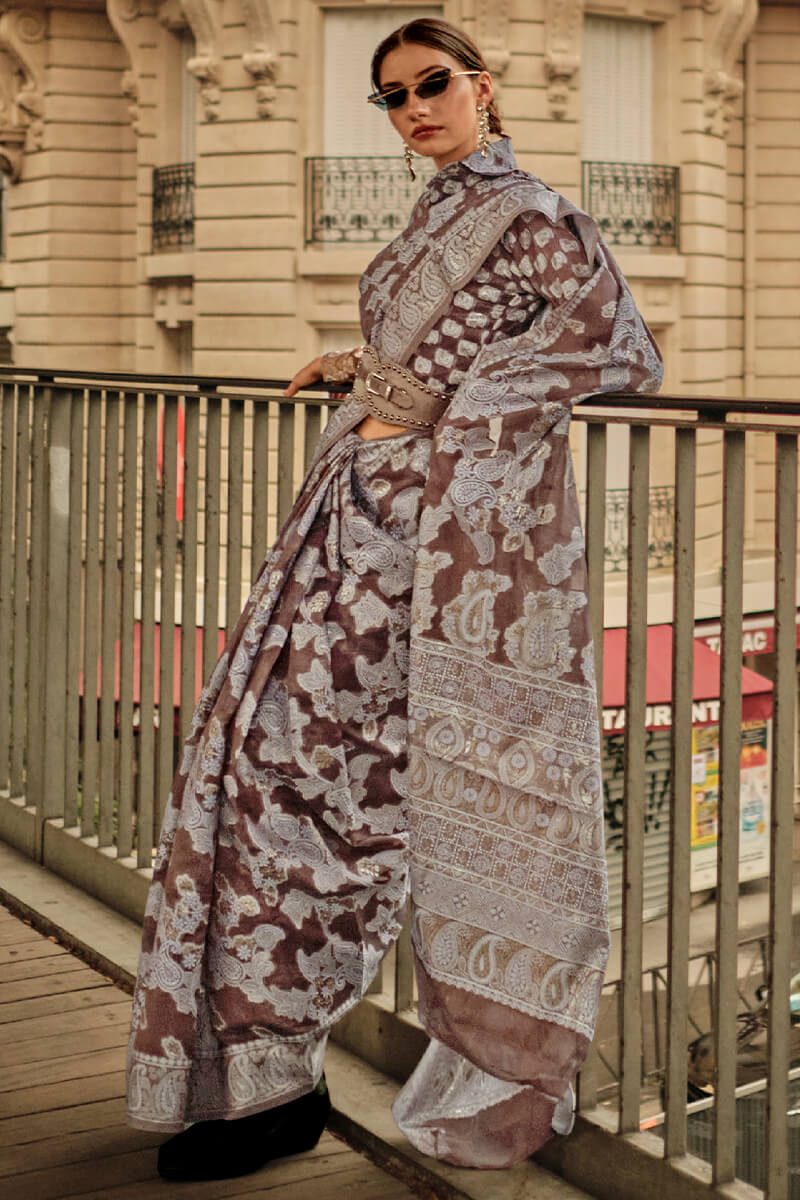 Phenomenal Brown Lucknowi Silk Saree and Charming Blouse Piece