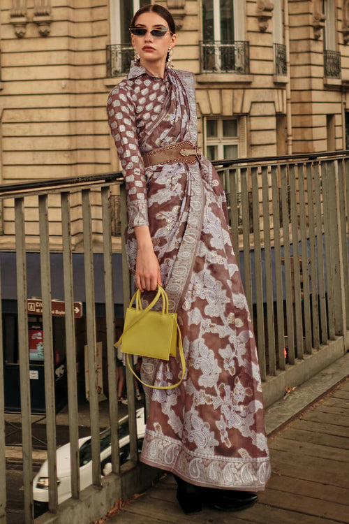 Load image into Gallery viewer, Phenomenal Brown Lucknowi Silk Saree and Charming Blouse Piece
