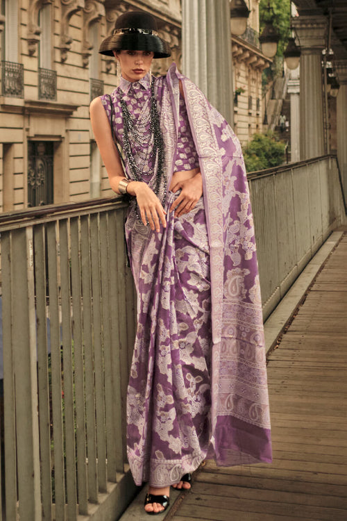 Load image into Gallery viewer, Fancifull Purple Lucknowi Silk Saree and Stunner Blouse Piece
