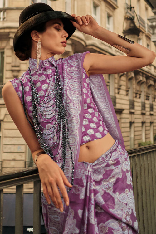 Load image into Gallery viewer, Fancifull Purple Lucknowi Silk Saree and Stunner Blouse Piece
