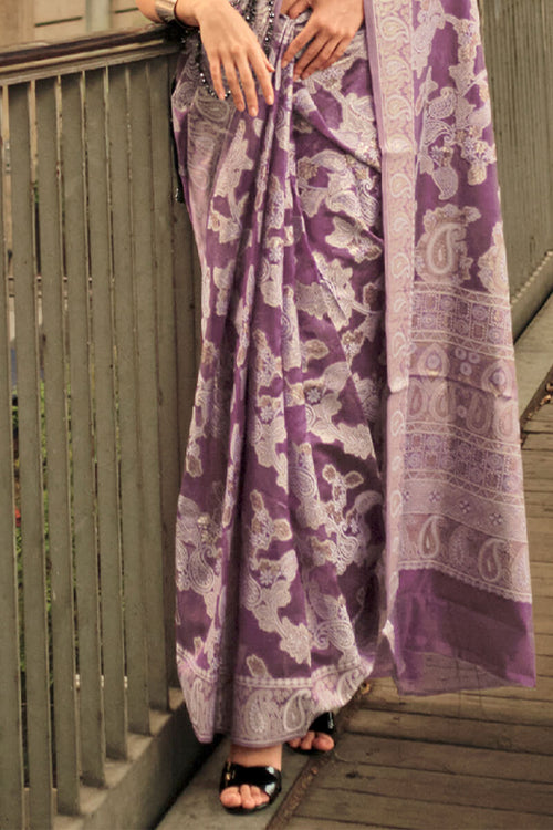 Load image into Gallery viewer, Fancifull Purple Lucknowi Silk Saree and Stunner Blouse Piece
