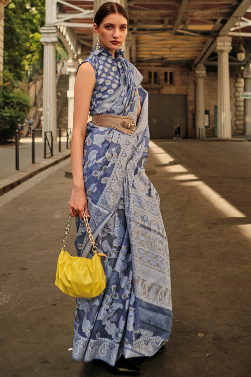 Load image into Gallery viewer, Chatoyant Navy Blue Lucknowi Silk Saree and Desultory Blouse Piece
