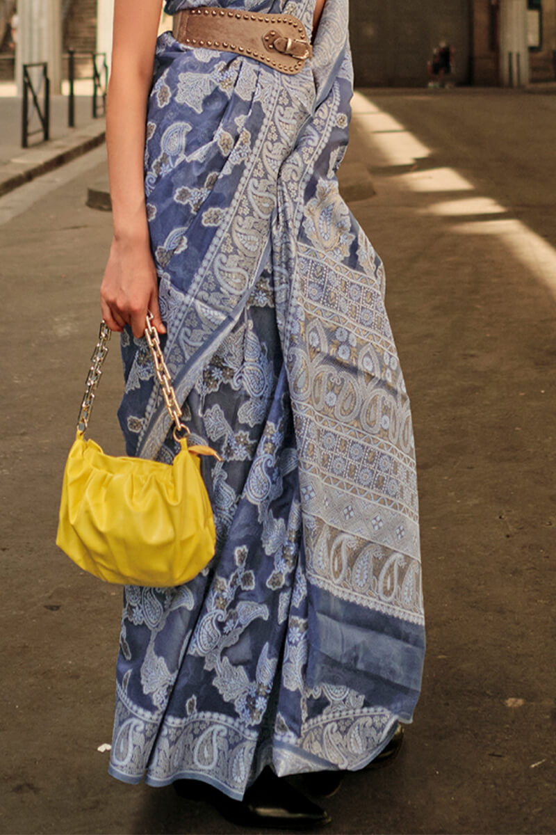 Chatoyant Navy Blue Lucknowi Silk Saree and Desultory Blouse Piece