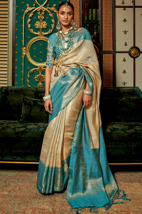Load image into Gallery viewer, Staggering Beige Kanjivaram Silk Saree With Sumptuous Blouse Piece
