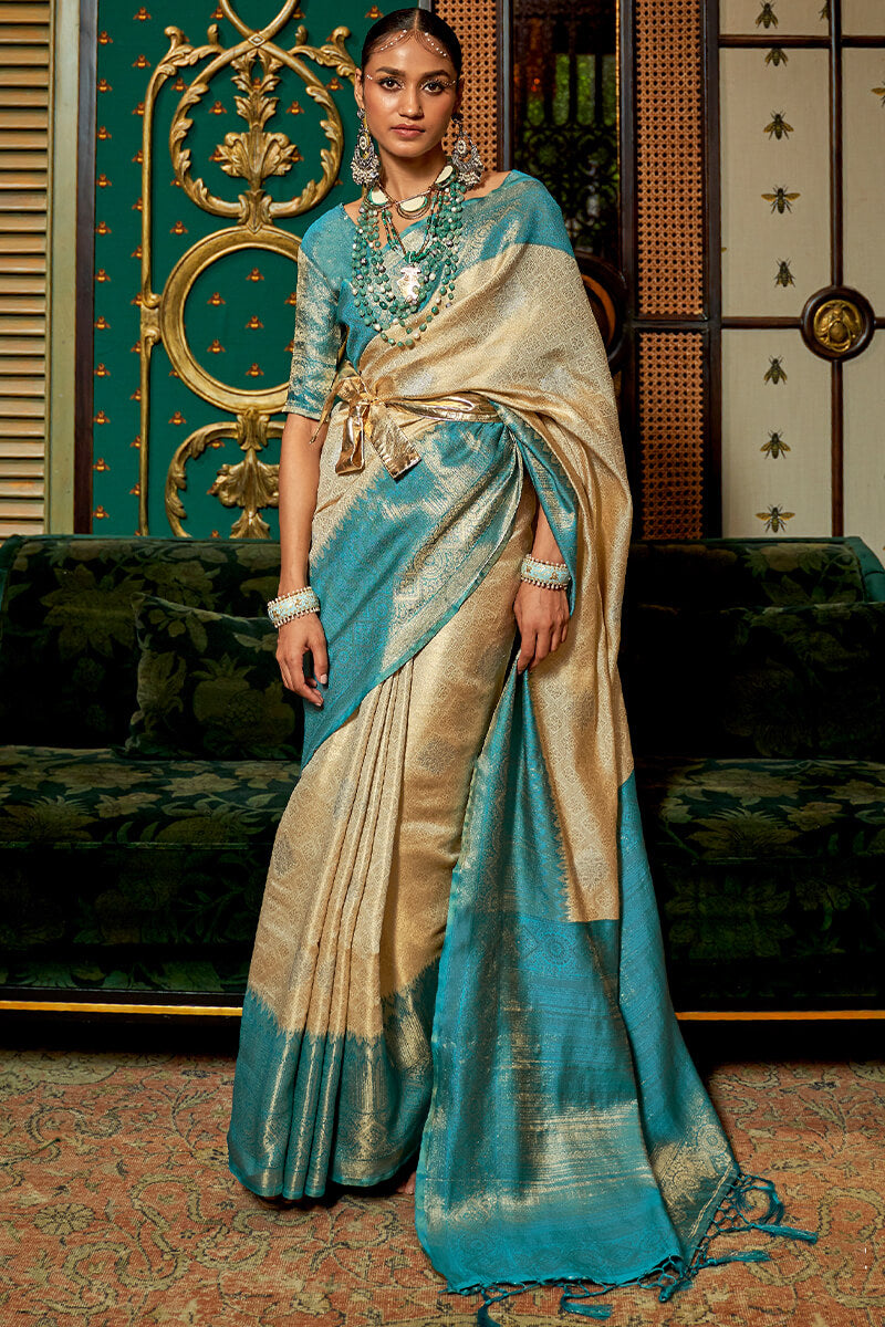 Staggering Beige Kanjivaram Silk Saree With Sumptuous Blouse Piece