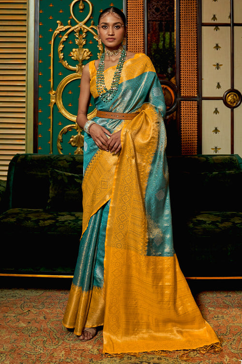 Load image into Gallery viewer, Inspiring Firozi Kanjivaram Silk Saree With Pleasant Blouse Piece
