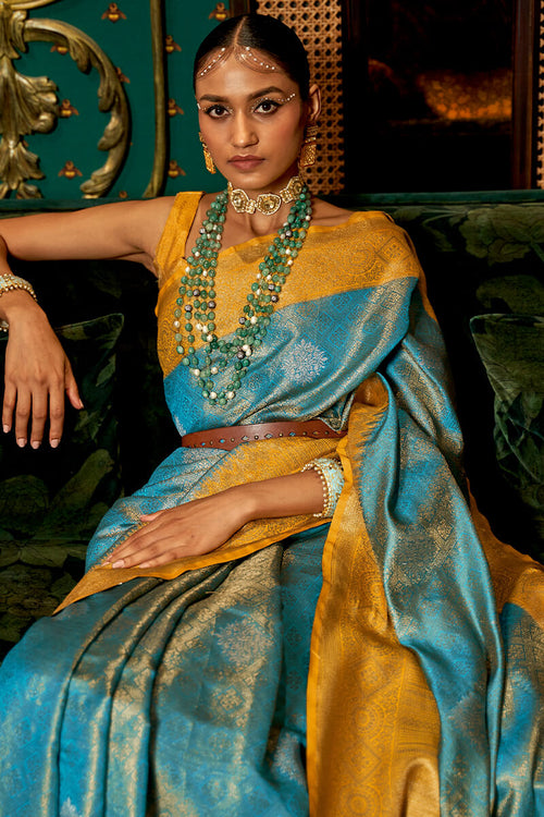 Load image into Gallery viewer, Inspiring Firozi Kanjivaram Silk Saree With Pleasant Blouse Piece
