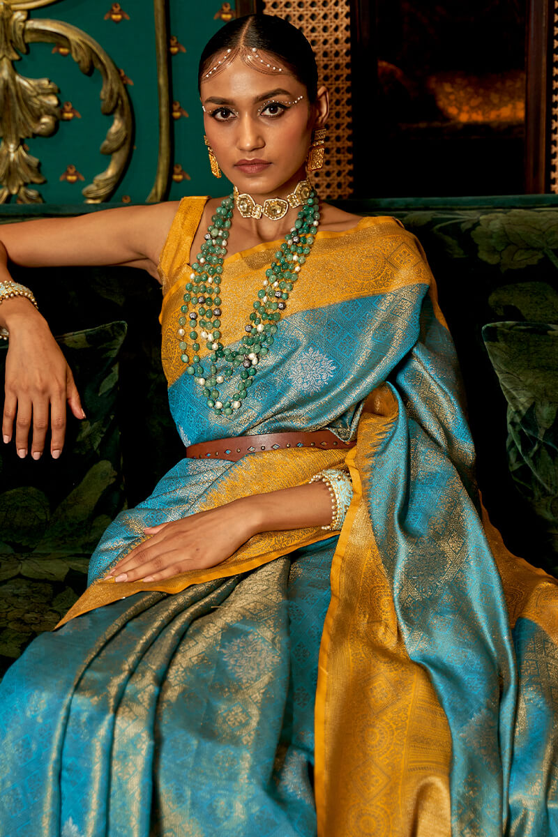 Inspiring Firozi Kanjivaram Silk Saree With Pleasant Blouse Piece