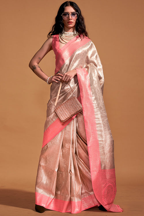 Load image into Gallery viewer, Seraglio Beige and Pink Kanjivaram Silk Saree With Profuse Blouse Piece
