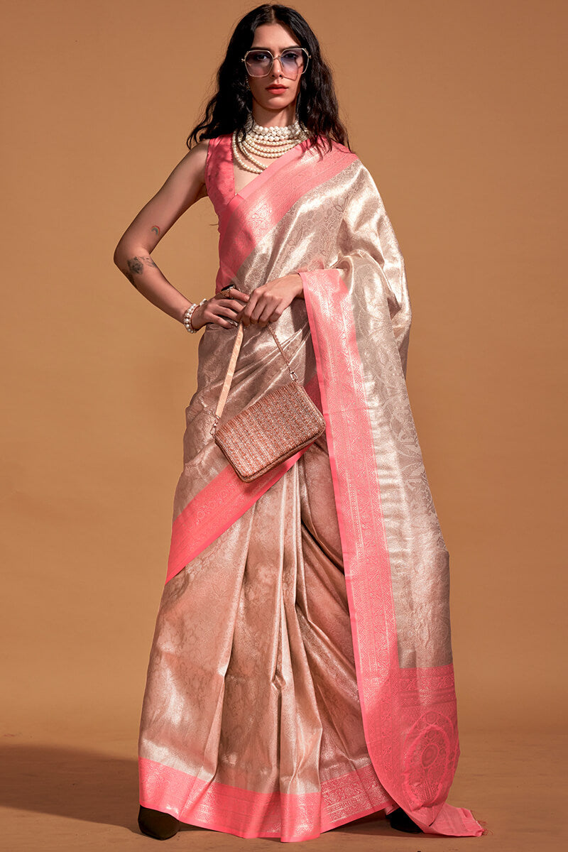 Seraglio Beige and Pink Kanjivaram Silk Saree With Profuse Blouse Piece