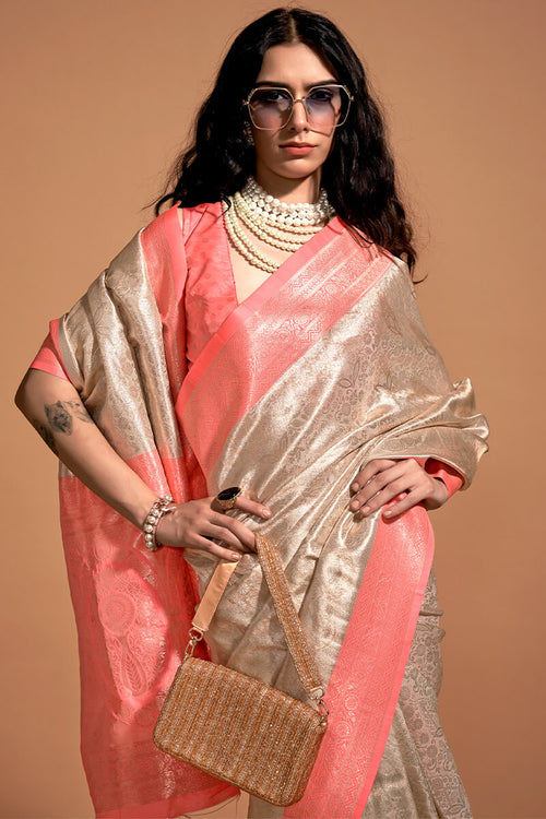 Load image into Gallery viewer, Seraglio Beige and Pink Kanjivaram Silk Saree With Profuse Blouse Piece
