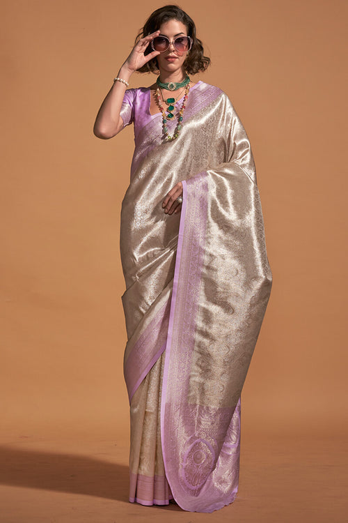 Load image into Gallery viewer, Eloquence Off White and Lavender Kanjivaram Silk Saree With Prettiest Blouse Piece
