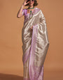 Eloquence Off White and Lavender Kanjivaram Silk Saree With Prettiest Blouse Piece