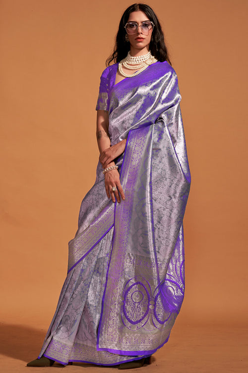 Load image into Gallery viewer, Gleaming Purple Kanjivaram Silk Saree With Intricate Blouse Piece
