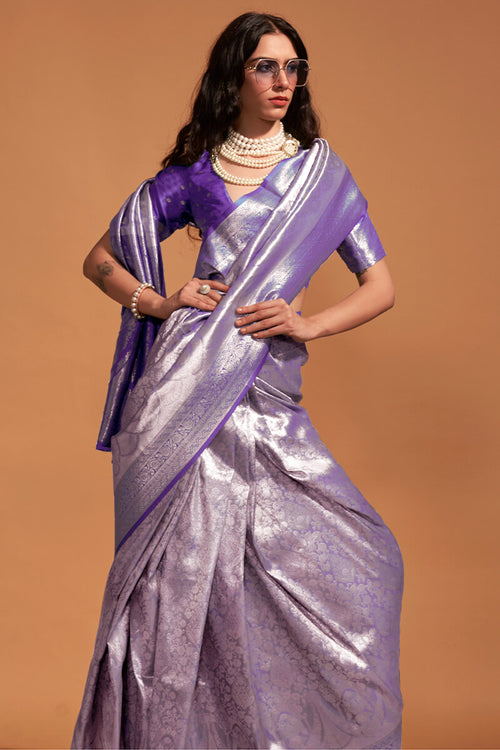 Load image into Gallery viewer, Gleaming Purple Kanjivaram Silk Saree With Intricate Blouse Piece
