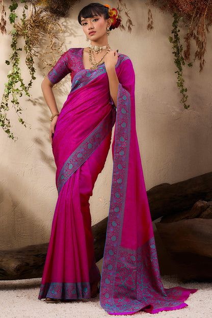 Ebullience Magenta Kanjivaram Silk Saree With Moiety Blouse Piece
