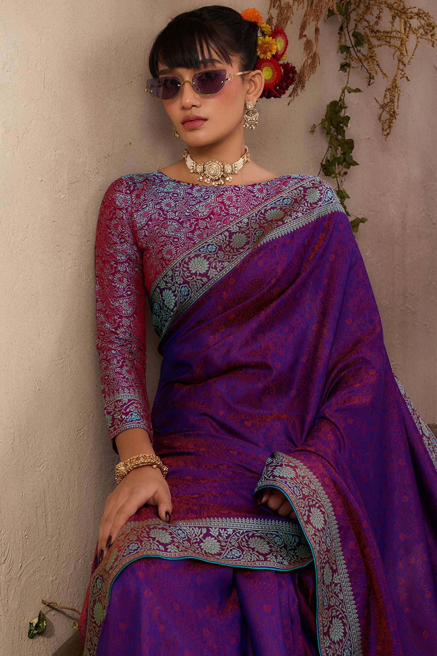 Imbrication Purple Kanjivaram Silk Saree With Hypnotic Blouse Piece
