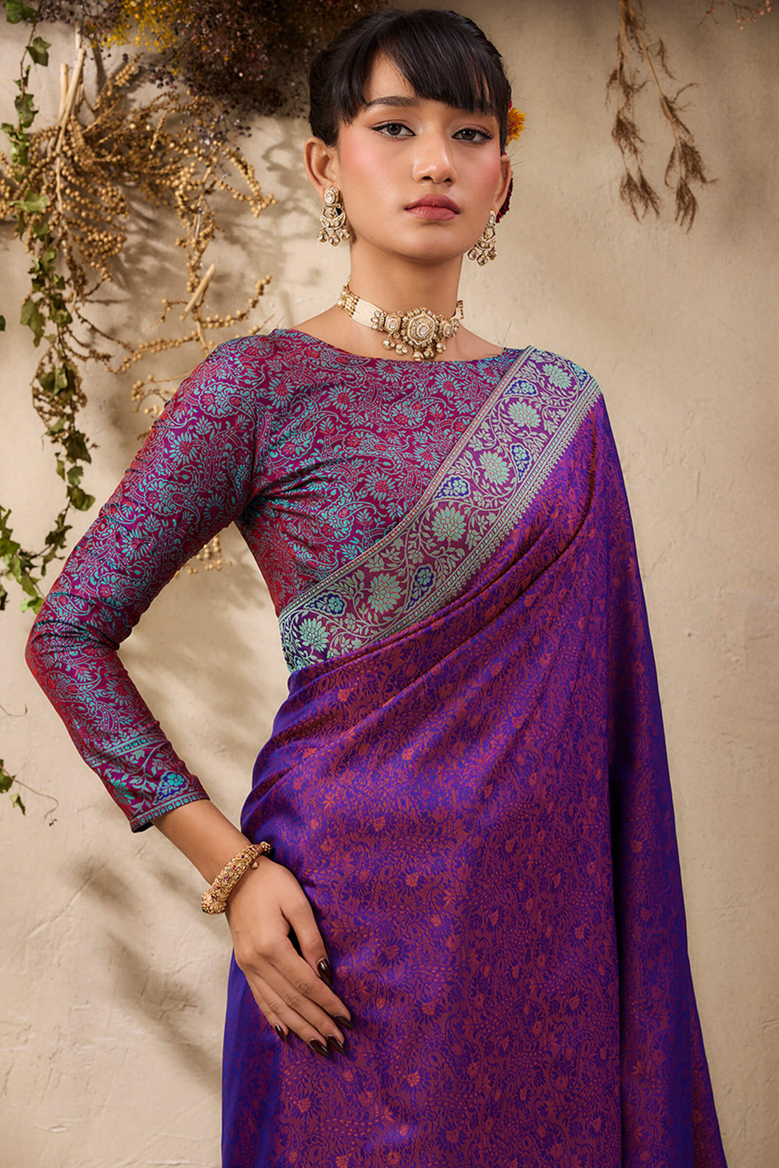 Imbrication Purple Kanjivaram Silk Saree With Hypnotic Blouse Piece