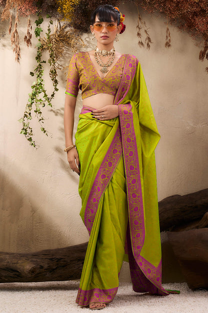 Prodigal Green Kanjivaram Silk Saree With Surpassing Blouse Piece