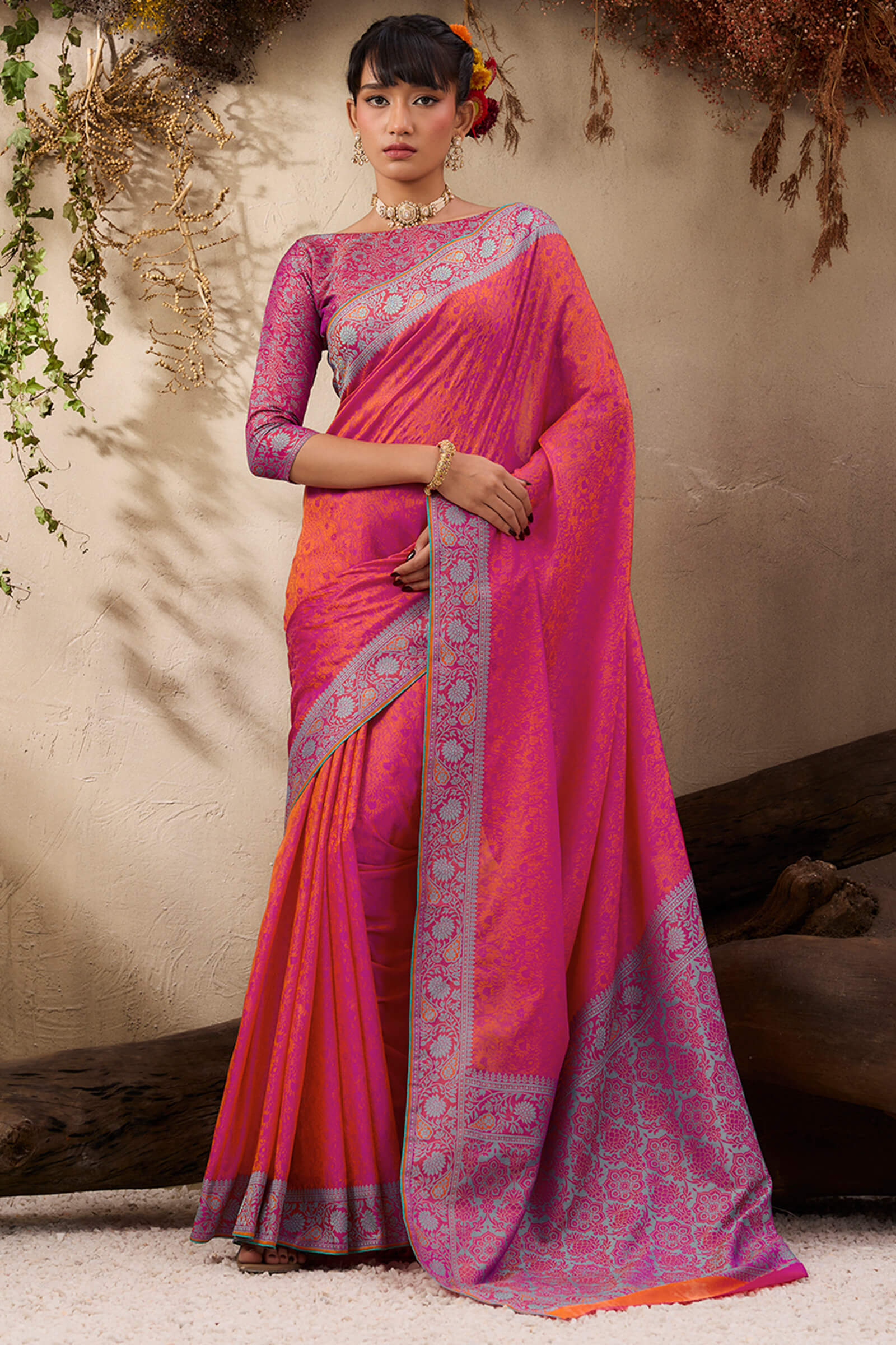 Desultory Dark Pink Kanjivaram Silk Saree With Adorable Blouse Piece