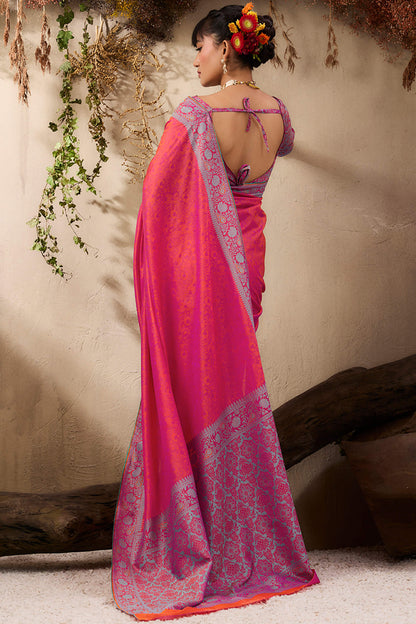 Desultory Dark Pink Kanjivaram Silk Saree With Adorable Blouse Piece