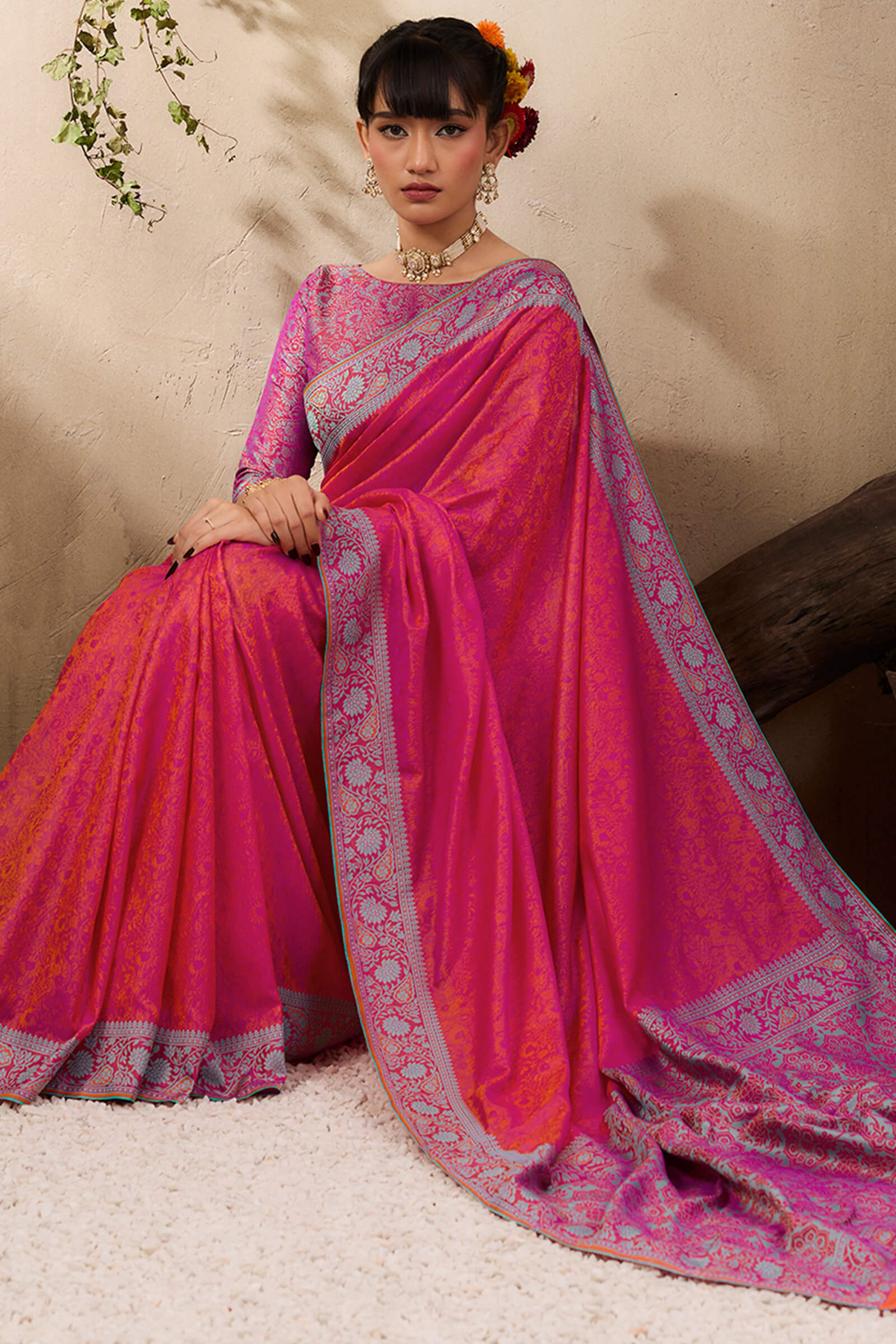 Desultory Dark Pink Kanjivaram Silk Saree With Adorable Blouse Piece