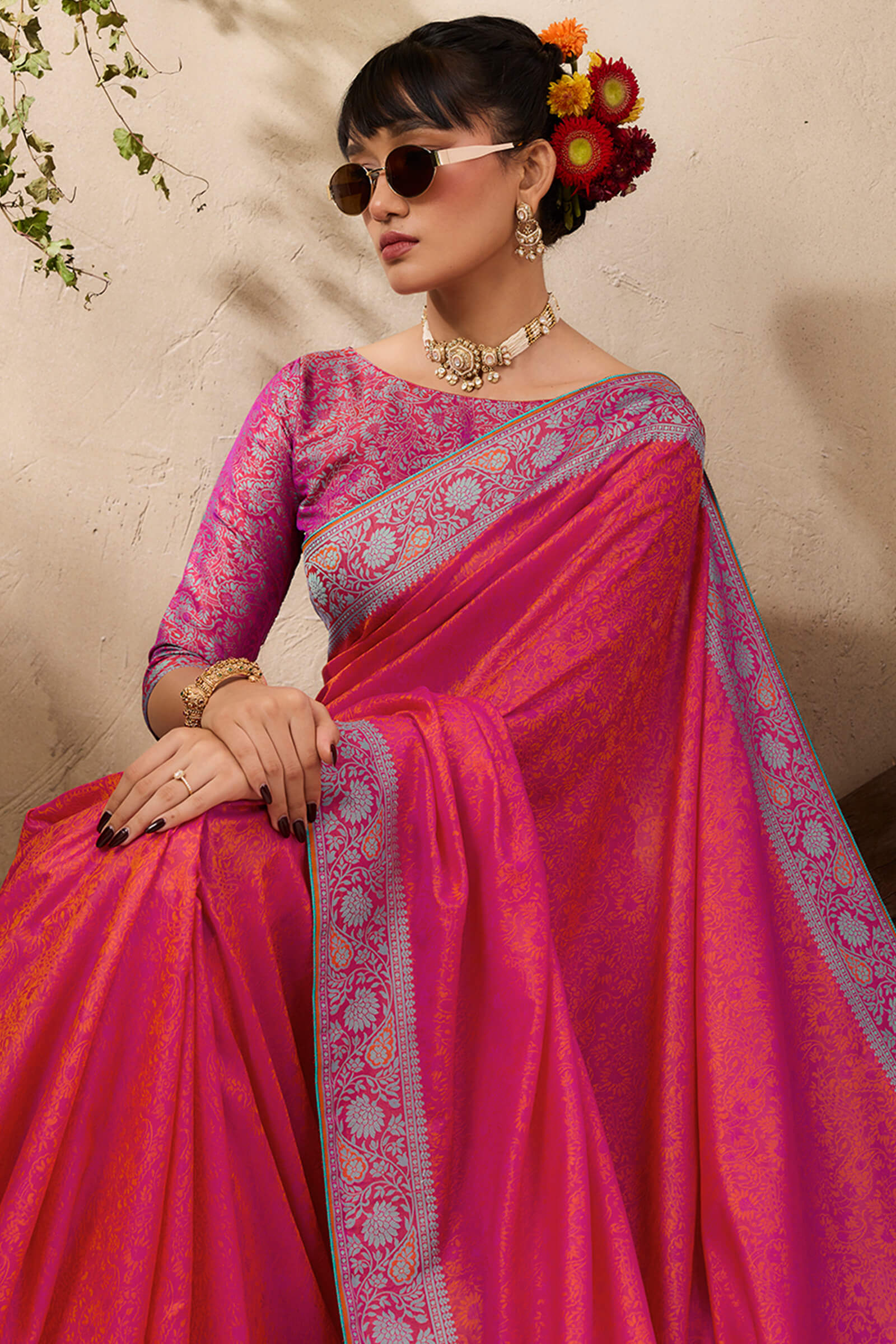 Desultory Dark Pink Kanjivaram Silk Saree With Adorable Blouse Piece