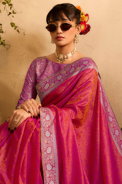 Desultory Dark Pink Kanjivaram Silk Saree With Adorable Blouse Piece