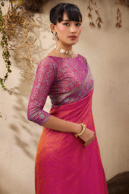 Desultory Dark Pink Kanjivaram Silk Saree With Adorable Blouse Piece
