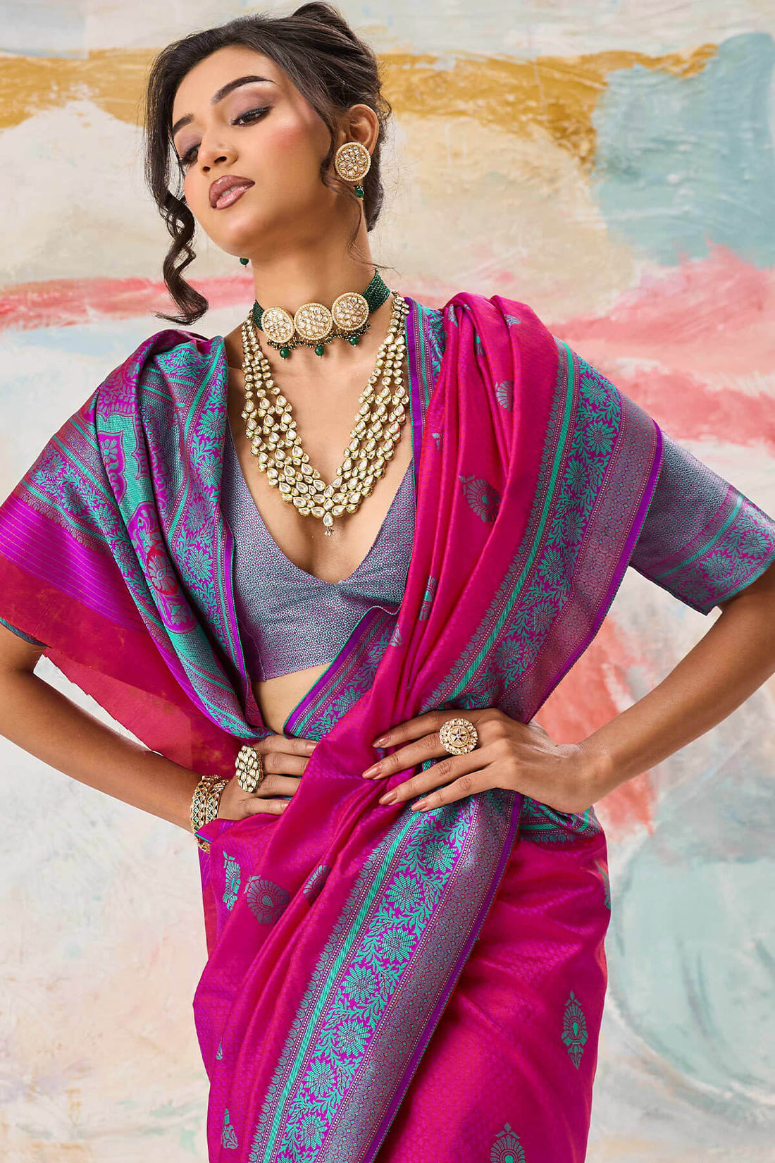 Denouement Dark pink Kanjivaram Silk Saree With Engrossing Blouse Piece