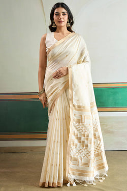 Whimsical Beige Pure Zari Weaving Banarasi Tussar Silk Saree With Aplomb Blouse Piece