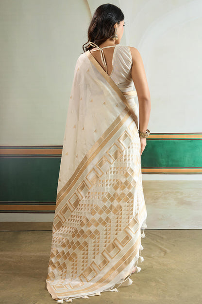 Whimsical Beige Pure Zari Weaving Banarasi Tussar Silk Saree With Aplomb Blouse Piece