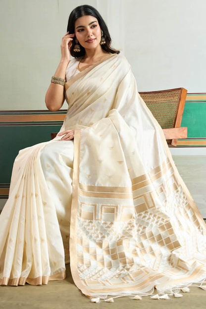 Whimsical Beige Pure Zari Weaving Banarasi Tussar Silk Saree With Aplomb Blouse Piece